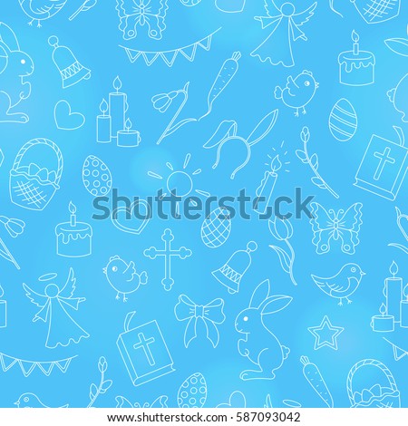 Seamless pattern with simple contour icons on the theme of the Easter holiday , bright contours on a blue background