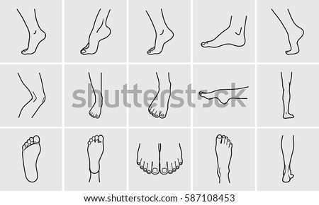 Human body parts. Foot care Icons Set. Vector illustrations line art pack of human feet in various gestures. Royalty-Free Stock Photo #587108453