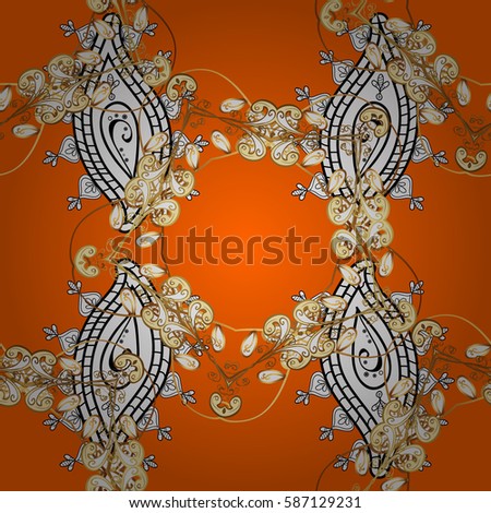 Vector pattern background wallpaper with gold antique floral medieval decorative flowers, leaves and gold pattern ornaments on orange background. Seamless royal luxury golden baroque damask vintage.