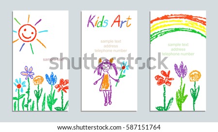 Set of wax crayon like kid`s drawn colorful cards with hand drawing flowers, rainbow, sun, girl on white. Hand drawn art background. Like child`s painting pastel chalk and design elements, vector. Royalty-Free Stock Photo #587151764