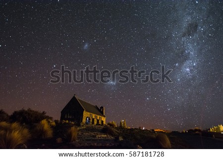 Midnight in Tekapo with milkyway in the background of Church of the Good Shepherd