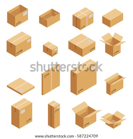 Carton packaging box. Isometric carton packaging box images set of different size with postal signs this side up fragile vector illustration. Set closed and open cardboard boxes on white background. Royalty-Free Stock Photo #587224709