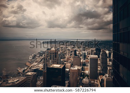 Seattle rooftop panorama view with urban architecture.