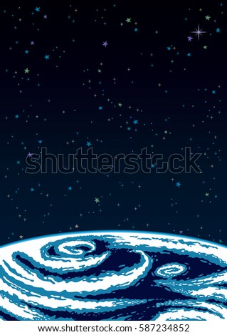 Cartoon illustration of planet Earth viewed from outer space. 