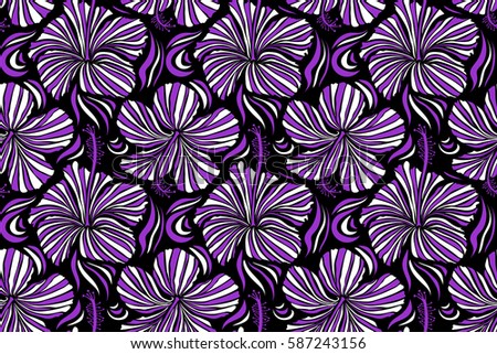 Raster hibiscus flowers and buds retro seamless pattern illustration in white and violet colors on black background.