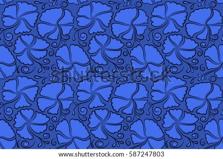 Hand painted illustration in blue colors. Tropical leaves and blue flowers seamless pattern.