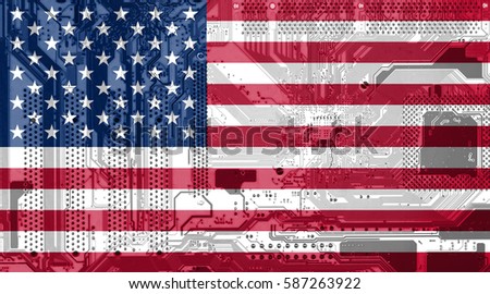 American flag on the circuit board as technology background