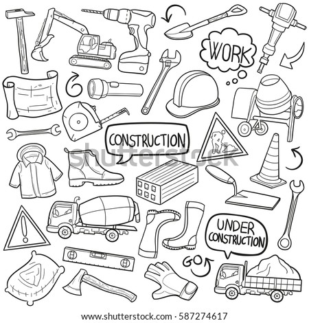 Construction Doodle Icon Vector Art. Work Tools Building Illustration. Sketch design Clip Art.