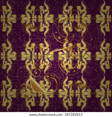 Christmas, snowflake, new year. Vintage pattern on purple background with golden elements.