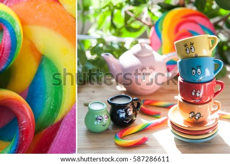 children's tea service, lollipops, candies