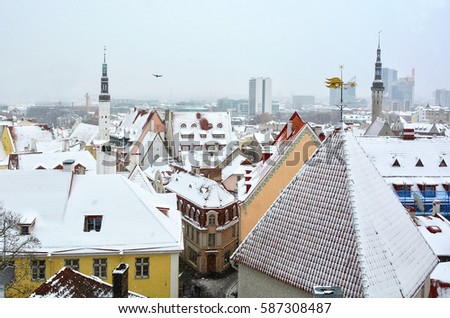 Old city. Amazing urban landscape in winter. Awesome photo of an ancient European town. Wonderful image of North Europe. Beautiful view of panoramic skyline of Old Town in Tallinn, Estonia