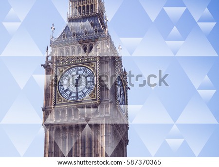 Abstract geometric triangle, poly background, Big Ben, clock, London, parliament, building, architecture, blue sky.