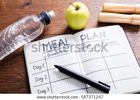 High Angle View Of A Meal Plan Concept On Wooden Desk Royalty-Free Stock Photo #587371247