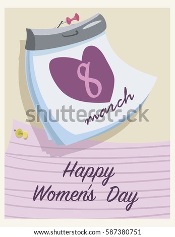 Congratulations on Happy International Women's Day.. Banner design template, vector illustration.  Postcard with nice words. Tear-off calendar with the date of March 8.