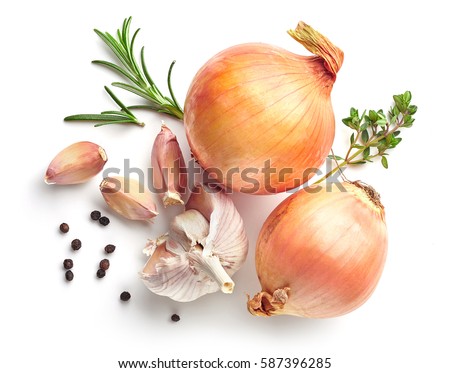 onions, garlic and spices isolated on white background, top view Royalty-Free Stock Photo #587396285