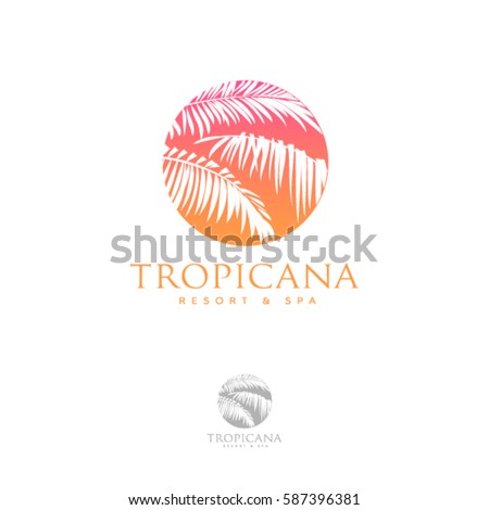 Tropicana logo. Resort and Spa emblem. Tropical cosmetics. Beauty.
Palm leaves in a circle. Royalty-Free Stock Photo #587396381