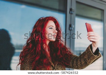 Selfie, Beautiful redhead girl taken pictures of her self, instagram, pink smartphone, social networking