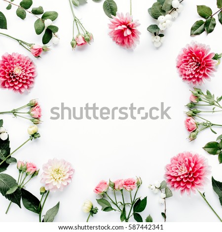 Round frame with pink flower buds, branches and leaves isolated on white background. lay flat, top view