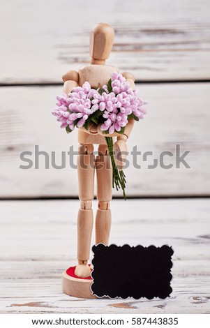 Card and man with flowers. Special message for girl.