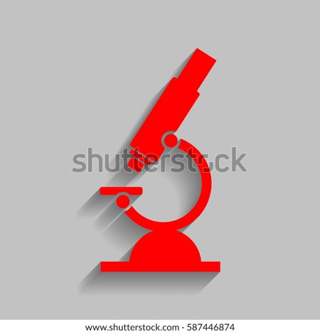 Chemistry microscope sign for laboratory. Vector. Red icon with soft shadow on gray background.
