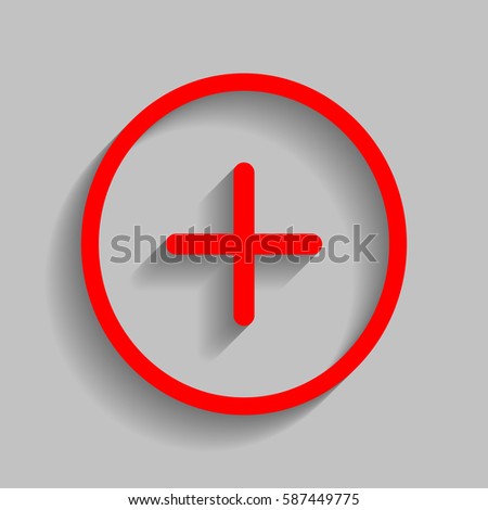 Positive symbol plus sign. Vector. Red icon with soft shadow on gray background.