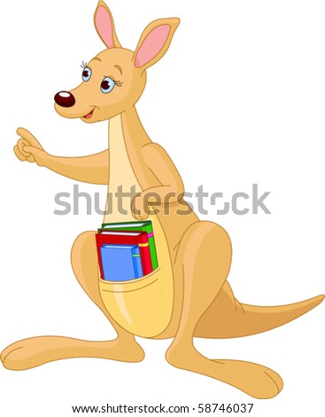 Pointing cartoon kangaroo with books in the pocket
