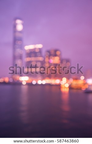 Abstract blur seaside cityscape with reflection defocused background in twilight evening