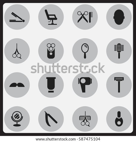 Set Of 16 Editable Hairstylist Icons. Includes Symbols Such As Shaver, Take The Hair Dryer, Elbow Chair And More. Can Be Used For Web, Mobile, UI And Infographic Design.