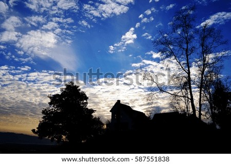 Background material/Blue sky and white clouds, silhouette/Japanese Landscape