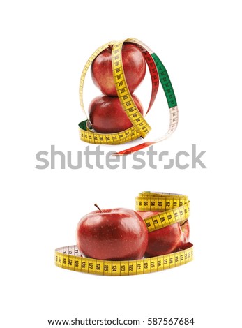 Two ripe red apples tied with yellow measuring tape as a fitness composition isolated over the white background, set of two different foreshortenings