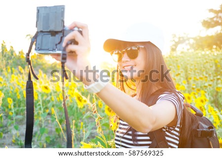 Tourists take pictures Sunflower on time sunset,photography Concept