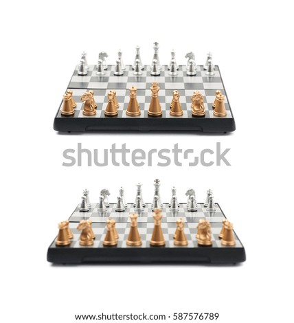 Chess board with figures set up, composition isolated over the white background, set of two different foreshortenings
