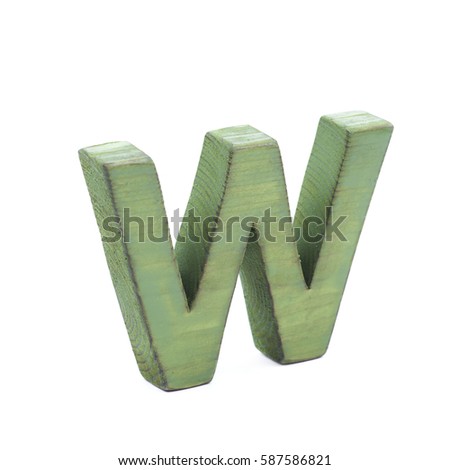 Single sawn wooden letter W symbol coated with paint isolated over the white background