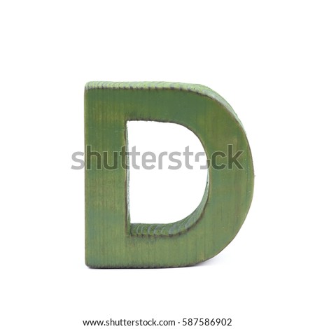 Single sawn wooden letter D symbol coated with paint isolated over the white background