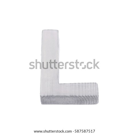 Single sawn wooden letter L symbol coated with paint isolated over the white background