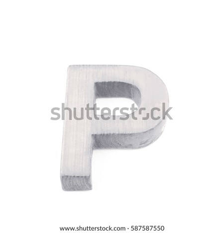 Single sawn wooden letter P symbol coated with paint isolated over the white background