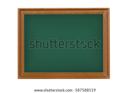 Empty green chalkboard with wooden frame on white background.