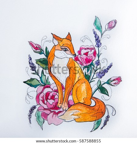 Sketch foxes in the flowers on white background.