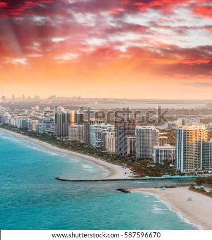 Sunset view of Miami from helicopter.
