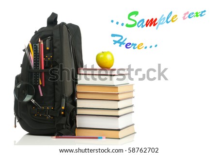 Welcome to school.Backpack and book heap isolated on white background. Concept