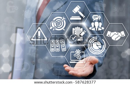 Compliance business concept. Businessman offer clipboard sign with check mark and pencil on virtual screen. Company strategy finance work support plan success technology Royalty-Free Stock Photo #587628377