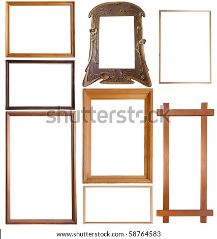 Set of 9 wooden picture frames, isolated with clipping path