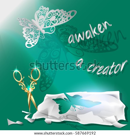 Cutting of paper flying butterfly. vector illustration, origami crafts. Screen background. Green. Written text, awaken a creator