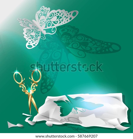 Cutting of paper flying butterfly. vector illustration, origami crafts. Screen background. Green.