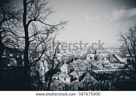 Horizontal photo depicting a view of Europe, Slovenia, Ljubljana city from the Castle hill. Austrian Alpine Mountains on the background.
Black and white.
