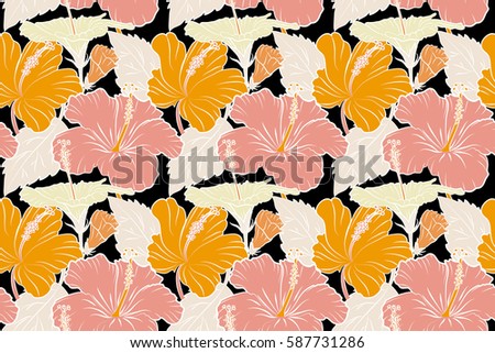 Seamless pattern with tropical flowers in watercolor style. Raster hibiscus in orange, yellow and beige colors on a black background.