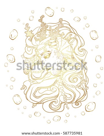 Queen of the seas and oceans.Mystic girl.Fantasy, spirituality, mythology, tattoo art, coloring books. Isolated vector illustration. Print for textiles and printing. Hand drawn artwork of mermaid. 