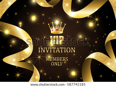 Vip invitation-members only, black glow background, vector illustration. Abstract quilted backdrop. Party premium card, flyer template. Silk textured curled ribbon. Celebrity access,coupon entrance
