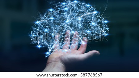 Businessman holding digital human brain with cell and neurons activity 3D rendering Royalty-Free Stock Photo #587768567