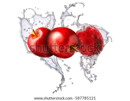 Water splash and fruits isolated on white backgroud. Fresh apple